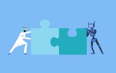 Arab businessman and blue robot putting puzzle pieces together. Artificial intelligence communication. Business and AI. Concept vector illustration, flat style. Isolated on blue background.