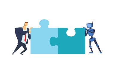 Businessman and blue robot putting puzzle together. Artificial intelligence comunication. Business and AI. Concept vector illustration, flat style. Isolated on white background, horizontal.
