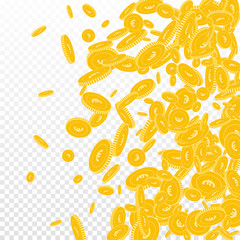 European Union Euro coins falling. Scattered floating EUR coins on transparent background. Energetic right gradient vector illustration. Jackpot or success concept.
