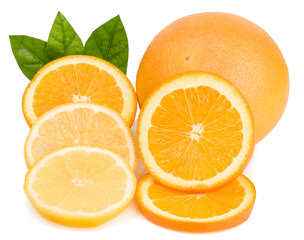 Grapefruit, sliced orange and lemon isolated on white