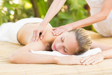 Fototapeta na wymiar Attractive woman getting massage on her back