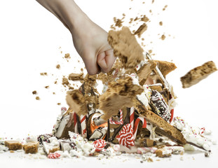 Eine Faust schl&auml;gt Lebkuchenhaus ein 