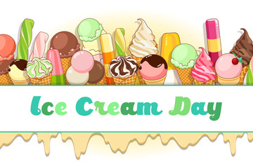 Ice cream poster. Brightly colored ice cream, waffle cones, popsicles on a beautiful background. Cartoon illustration for web, advertising, banner, poster, flyer, business card. Vector illustration.