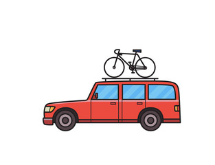 Red SUV car with bicycle on the roof trunk. Minivan, side view. Isolated image on white background. Vector illustration. Flat style.