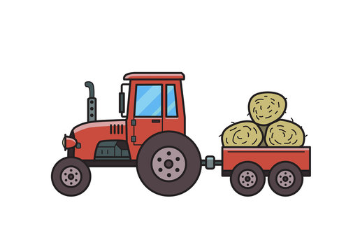 Red tractor with trolley full of hay bales. Farm vehicle. Isolated image on white background. Vector illustration. Flat style.