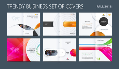 Design set of abstract double-page brochure with colourful circles, quares, triangles for branding. Business vector broadside.