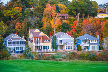 Row of vacation beach houses on a golf course