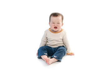 The baby is playing on the floor, the white background