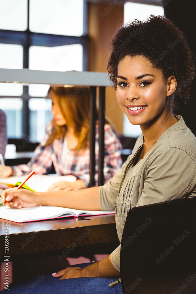 Poster portrait of a smiling student sitting at desk looking at camera