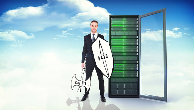 Corporate warrior against composite image of server tower