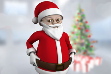 Cute cartoon santa claus against blurry christmas tree in room