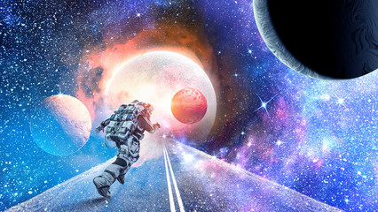 Obraz na płótnie Canvas Running spaceman and galaxy. Mixed media