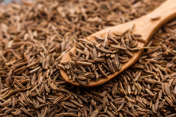 Seeds of cumin on a dark stone background