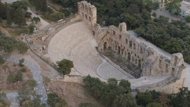 Aerial view of Odeon of Herodes Atticus and Acropolis of Athens ancient citadel in Greece