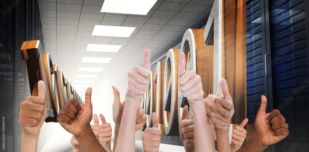 Poster Hands showing thumbs up against 3d binary code in data center hallway
