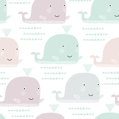 Seamless pattern with whale. Scandinavian style. Summer marina background. Stock vector. Perfect for fabric, textile. Vector background.
