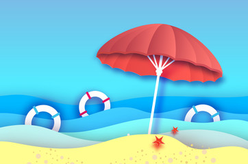 Fototapeta na wymiar Beach umbrella -red parasol in paper cut style. Origami sea and beach with lifebuoy. Vacation at the beach and travel concept.