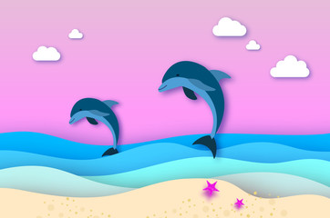 Fototapeta na wymiar Two Jumping dolphins in the sea in paper cut style. Origami layered beautiful seascape and sky. Hawaii Pacific Ocean wildlife scenery. Marine animals in natural habitat.