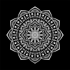 Round abstract ornament. Ethnic white mandala isolated on black background. Symmetrical picture for printing. Vector art