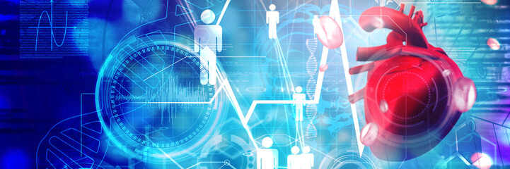 Digitally generated image of a heart against medical biology interface in blue