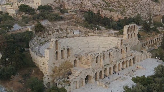 Aerial view of Odeon of Herodes Atticus and Acropolis of Athens ancient citadel in Greece