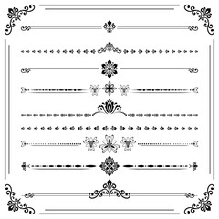 Vintage set of vector decorative elements. Horizontal separators in the frame. Collection of black different ornaments. Classic patterns. Set of vintage patterns