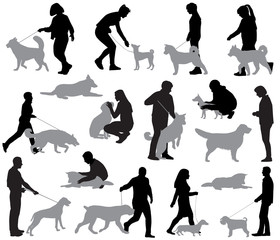 Silhouettes of people with dogs in different positions and situations