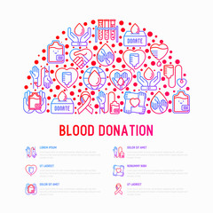 Fototapeta na wymiar Blood donation, charity, mutual aid concept in half circle with thin line icons. Symbols of blood transfusion, medical help and volunteers. Modern vector illustration, print media for World donor day.