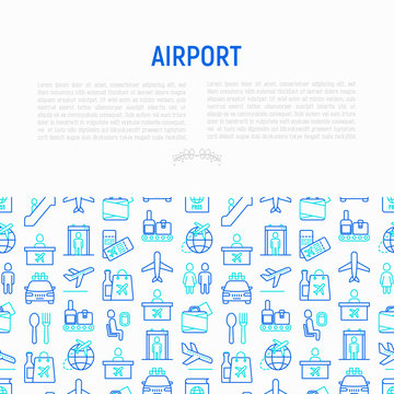 Airport concept with thin line icons: check-in counter, gates, boarding pass, escalator, toilet, food court, baggage claim, wrapping service, duty free, departures. Vector illustration for print media