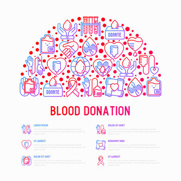Blood donation, charity, mutual aid concept in half circle with thin line icons. Symbols of blood transfusion, medical help and volunteers. Modern vector illustration, print media for World donor day.