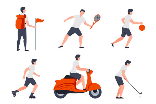 Vector set of man in different summer activities - hike, tennis, basketball, roller skate, motorbike, golf.