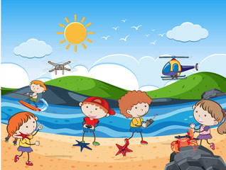 Obraz na płótnie Canvas Kids Flying Drones over Beach on Holiday