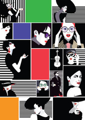 Collage of fashionable girls in style pop art.