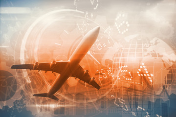 Graphic airplane against stocks and shares