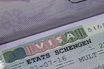 European Union Schengen Zone Visa in Passport - Close Up Shot