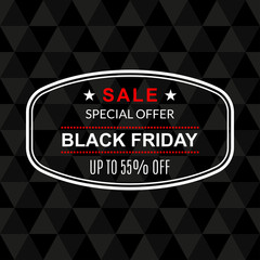 55% off. Black Friday discount banner. Sale tag or stamp. Special offer, flyer, promo design element. Vector illustration.