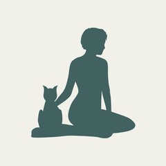 The woman sitting with cat. Simple silhouettes