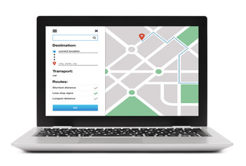 Location tracker concept on laptop computer screen. Isolated on white background. GPS map...