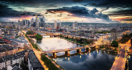 Panoramic view of Frankfurt, Germany after sunset. - obrazy, fototapety, plakaty