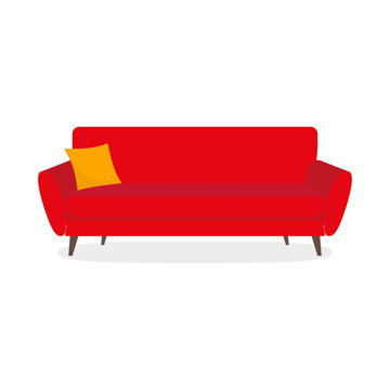 Sofa Icon. Red Couch With Cushion Or Pillow. Furniture For Living Room. Vector Illustration.