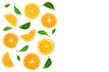 Slices of orange or tangerine with leaves isolated on white background with copy space for your text. Flat lay, top view