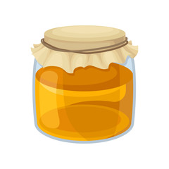 Glass jar of sweet honey. Natural and healthy product from apiary farm. Sweet food. Flat vector design for advertising poster or flyer