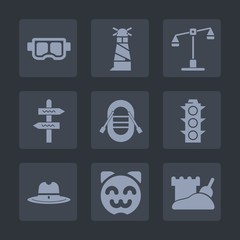 Premium set of fill icons. Such as lamp, snorkel, equipment, direction, building, sport, travel, cowboy, west, sailboat, way, sand, summer, judge, arrow, texas, house, law, asian, beach, traffic, sea