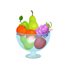 Glass bowl with fresh fruits. Sweet pears, apples, oranges and grapes. Natural and healthy food. Flat vector design