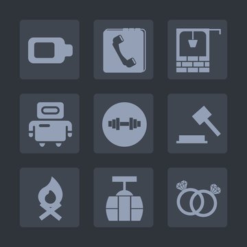 Premium set of fill icons. Such as equipment, judge, electricity, sky, train, fitness, campfire, web, law, battery, gym, well, full, sign, wedding, book, village, fireplace, power, ring, cable, car