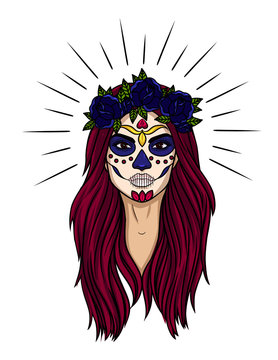 Vector colorful tattoo of woman's face for celebration Day of the Dead. Woman's Make up for mexican Día de los Muertos holiday