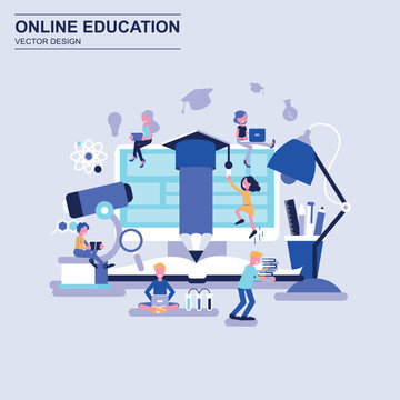 Online education flat design concept blue style with decorated small people character.