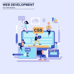 Web development flat design concept blue style with decorated small people character.