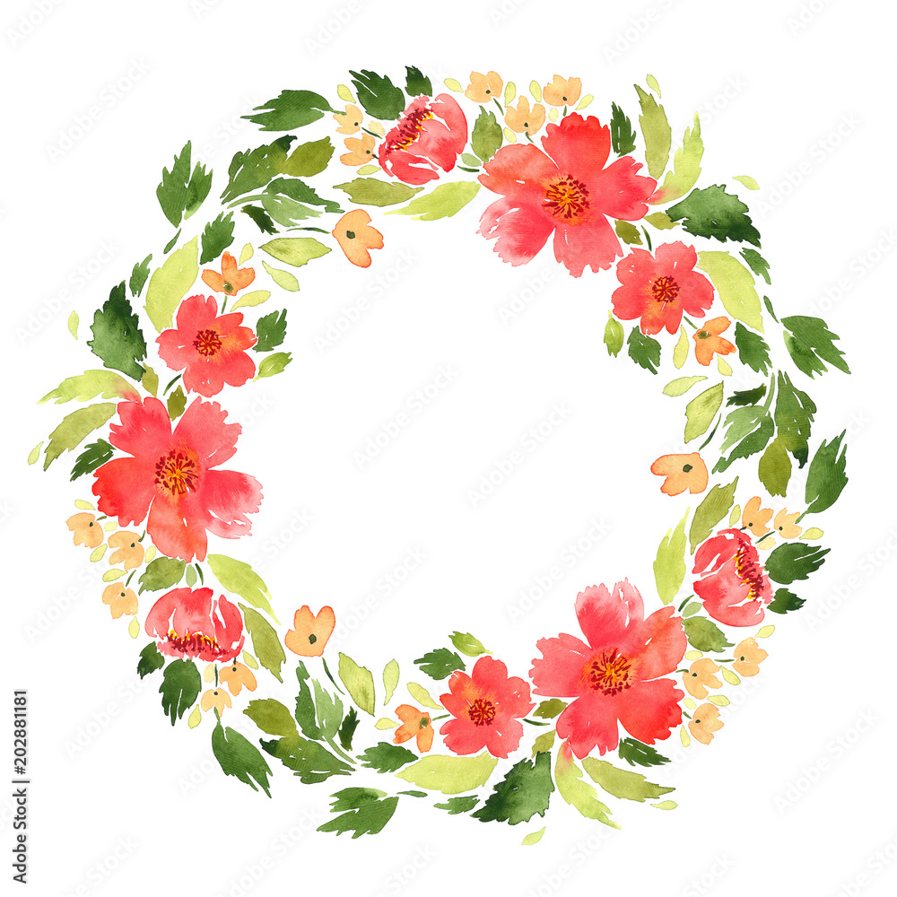 Wall mural Watercolor loose flowers wreath. Floral arrangement template