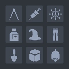 Premium set of fill icons. Such as fashion, equipment, cube, circus, geometry, alarm, mouthwash, health, wash, work, helm, metal, clean, bell, engineering, dental, drill, rudder, marine, shovel, hat